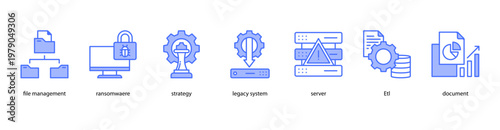 Information Security web banner icon vector illustration featuring File Management, Ransomware, Strategy, Legacy System, Server, ETL, and Document.
