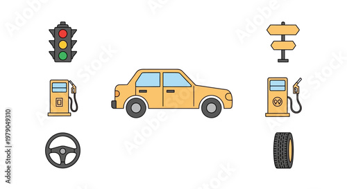 Yellow Car with Gas Station Icons.