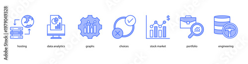 Business Intelligence web banner icon vector illustration featuring Hosting, Data Analytics, Graphs, Choices, Stock Market, Portfolio, and Engineering.