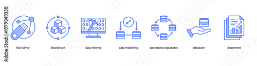 Digital Infrastructure web banner icon vector illustration featuring Flash Drive, Blockchain, Data Mining, Data Modelling, Operational Databases, Database, and Document.