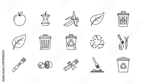 Biodegradable and food waste line icons set compost organic recycling vector outline collection isolated on white background