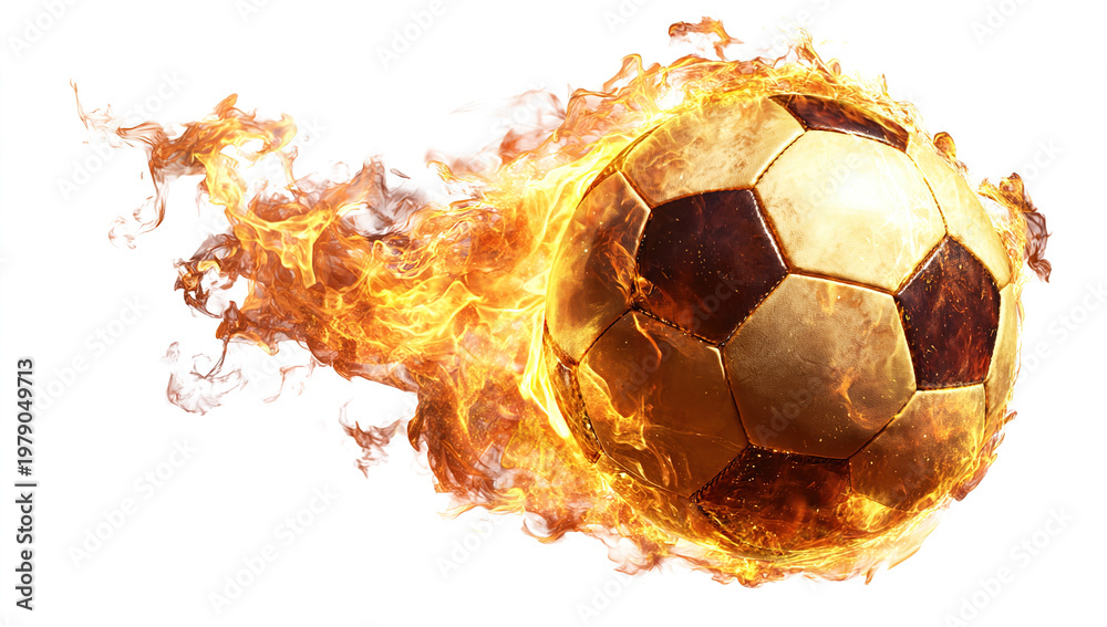 Fototapeta premium A dynamic image of a soccer ball engulfed in bright flames, appearing to blaze through the air at high speed. The fire trails behind the ball, creating a dramatic effect of motion and intensity, with 
