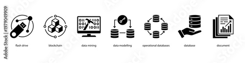 Digital Infrastructure web banner icon vector illustration featuring Flash Drive, Blockchain, Data Mining, Data Modelling, Operational Databases, Database, and Document.