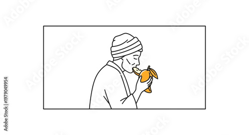 Person in traditional clothing eating a fresh mango, close-up, healthy food concept