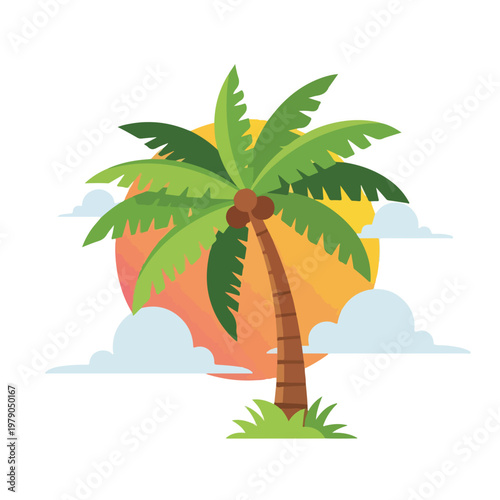 Flat vector illustration of palm tree, sun, clouds, and grass