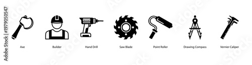 Precision Tools web banner icon vector illustration featuring Axe, Builder, Hand Drill, Saw Blade, Point Roller, Drawing Compass, and Vernier Caliper.