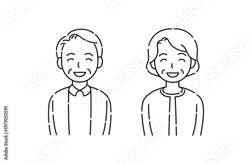 目も笑っているシニア夫婦の笑顔 シンプルイラスト 線のみ