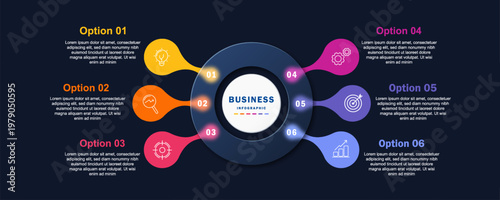 Clean and modern business infographic template featuring six step circular process flow with colorful gradient elements