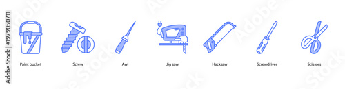 Cutting and Assembly web banner icon vector illustration featuring Paint Bucket, Screw, Awl, Jig Saw, Hacksaw, Screwdriver, and Scissors.