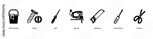 Cutting and Assembly web banner icon vector illustration featuring Paint Bucket, Screw, Awl, Jig Saw, Hacksaw, Screwdriver, and Scissors.