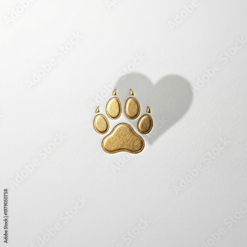 Golden pet paw print with shadow on white background  