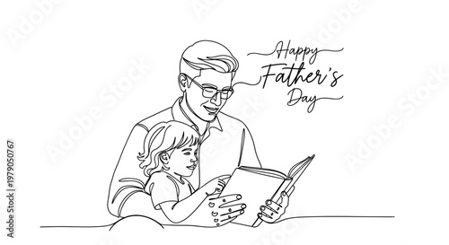 Heartwarming Father and Daughter Reading Together for Father's Day Celebration in a Simple Line Art Style