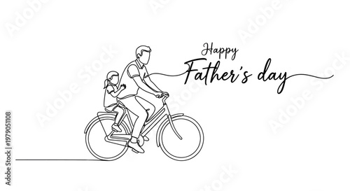 Minimalist line art illustration celebrating a father and child's outdoor cycling adventure for Father's Day