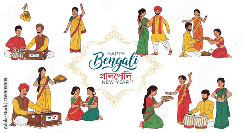 Vibrant vector illustrations depict the happy Bengali New Year festival, showcasing Pohela Boishakh celebrations with traditional dress and cultural motifs against a clean white background