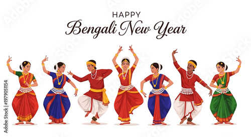Vector illustration features a group of Bengali women in traditional dress performing a cultural dance for Pohela Boishakh, the Bengali New Year, set against a clean white background