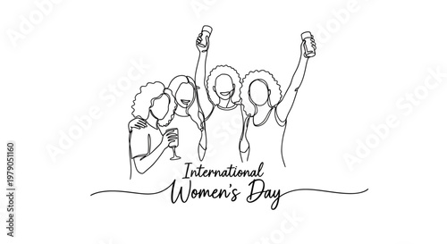 Celebration of International Women's Day with diverse women raising glasses and smiling for gender equality and empowerment