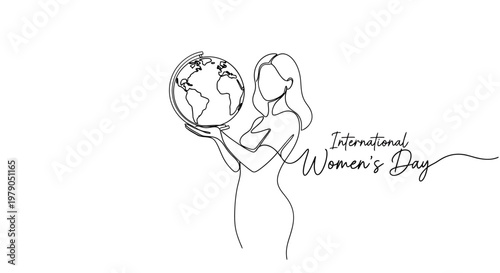 Celebrating International Women's Day with a minimalist line drawing of a woman holding the Earth symbolizing women's global