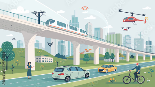 Autonomous vehicles and drones on elevated metro lines with futuristic cityscape background and various transportation modes