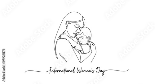 Minimalist line art celebrating the strength and tenderness of women embracing their children on International Women's Day