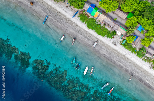 Aerial top-down view of a tropical beach with turquoise water, coral reefs, and colorful huts nestled under lush green trees. Location in Atauro Beach, Timor Leste