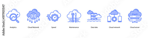 Cloud Infrastructure web banner icon vector illustration featuring Analytics, Cloud Network, Speed, Maintenance, Data Lake, Cloud Network, and Cloud Server.