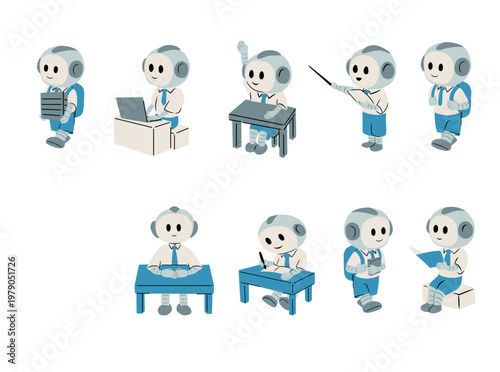A collection of cartoon robot student characters wearing school uniforms and performing various school activities. Perfect for education, technology, and back to school themed designs.