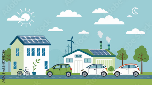 Eco friendly neighborhood with solar powered homes and electric vehicles parked on a green street