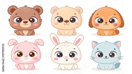 Cute cartoon animals with big eyes chubby cheeks and pastel colors adorable baby creatures