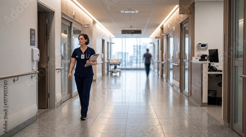 Female nurse walking down a modern hospital corridor holding a clipboard