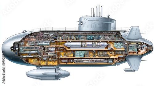 Naval submarine side cutaway illustration with detailed interior