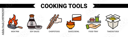 Cooking Tools web banner icon vector illustration concept with icons of wok pan, soy sauce, chopsticks, sauce bowl, food tray, and takeout box. 