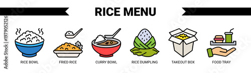Rice Menu web banner icon vector illustration concept with icons of rice bowl, fried rice, curry bowl, rice dumpling, takeout box, and food tray. 