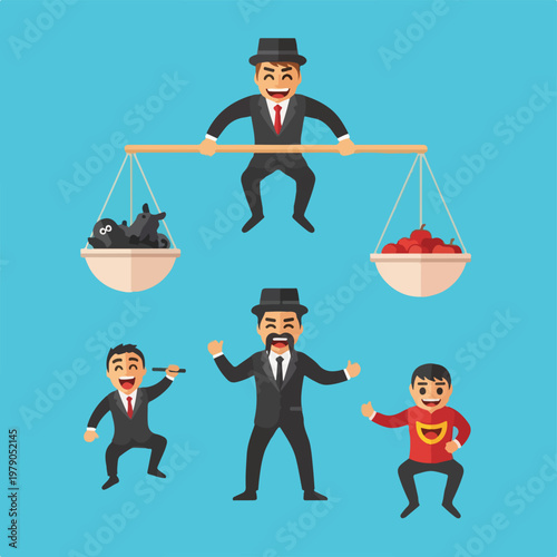 Illustration of balance, good, bad, and a superhero