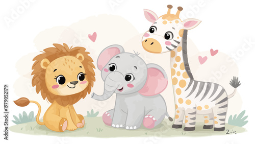 Cute lion elephant giraffe and zebra friends with soft colors and hearts in a playful scene