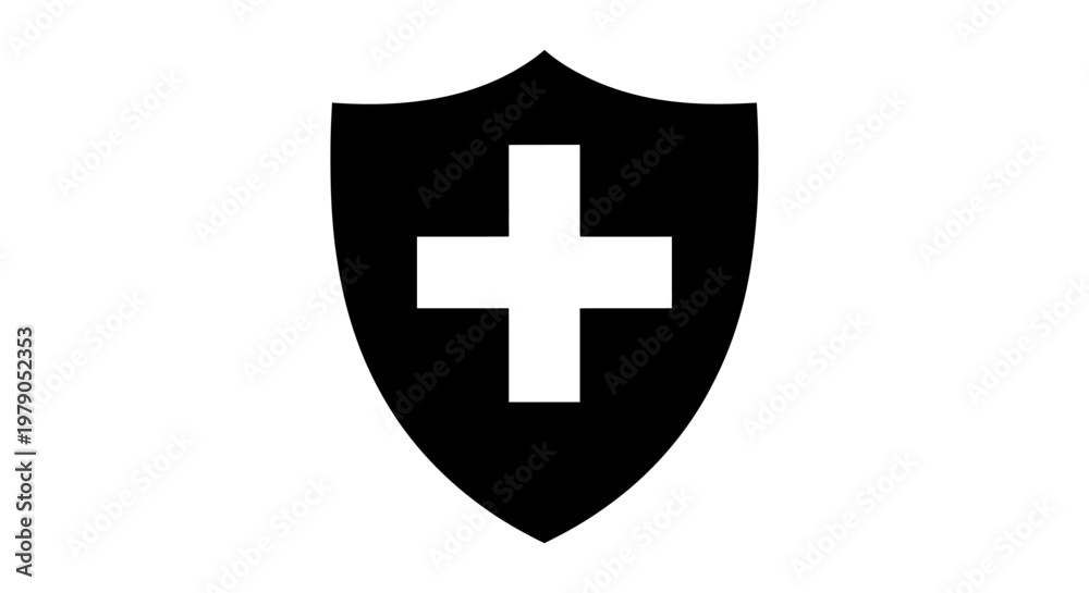 Obraz premium Black shield with white cross icon, symbol of security, protection, health, safety, and healthcare.