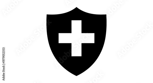 Black shield with white cross icon, symbol of security, protection, health, safety, and healthcare.