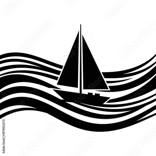 Black Silhouette Sailboat on Wavy Water Background, Minimalist Design