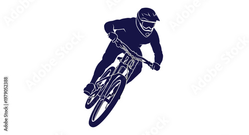 A person in full gear rides a downhill mountain bike on a white background.