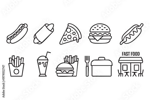 Fast Food Icon Set with Burger, Pizza, Fries, and Takeaway Symbols