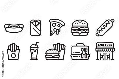 Junk Food Icon Collection with Pizza, Fries, and Soft Drink Symbols