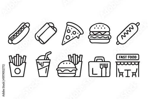 Street Food and Fast Food Icons for Online Ordering and Takeaway Services