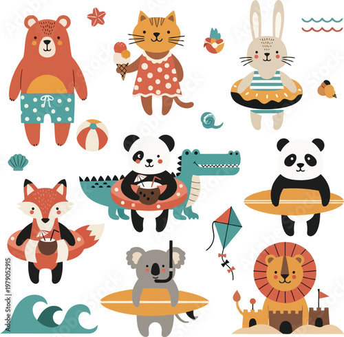 Cute cartoon animals in summer clothes surfing and playing at beach