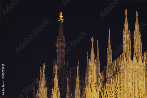 night shot of the Duomo with the Christmas tree in the foreground, Milan, Italy