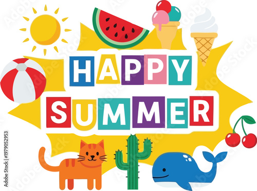 happy summer colorful illustration with cat, whale, cactus and summer elements