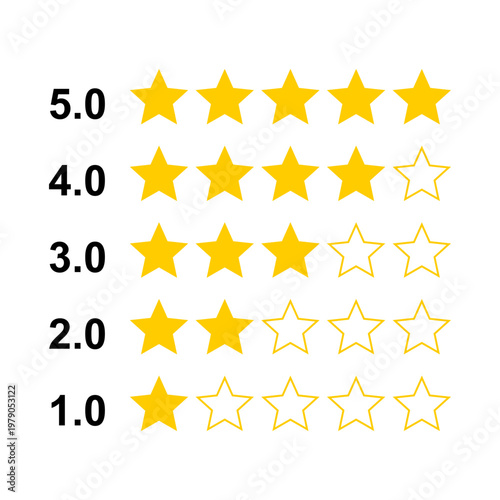 Set of star ratings from 5 to 1. Vector icons for showing feedback and evaluation scores.