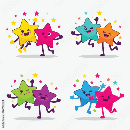 Four groups of animated stars; each with faces, arms, and legs