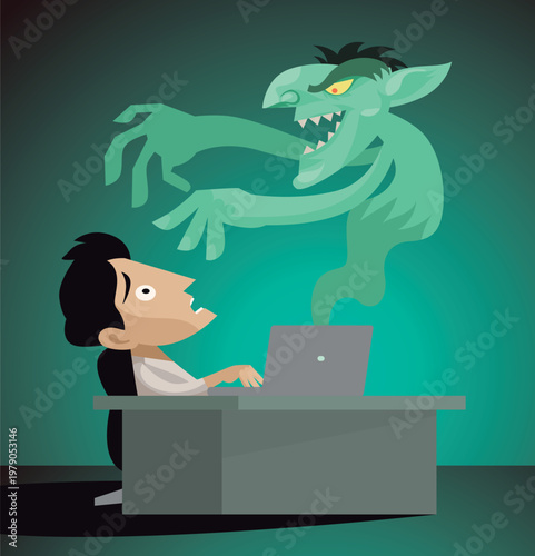 man using computer terrified by troll ghost
