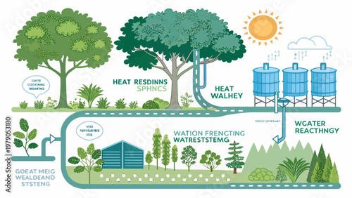 Sustainable urban planning concept with heat reducing greenery shaded walkways and water recycling system