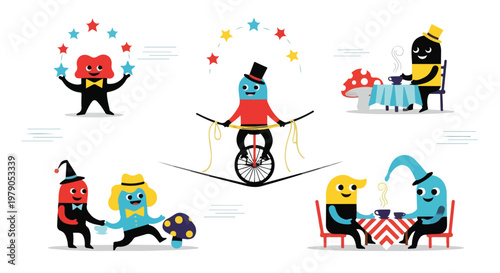A colorful cartoon illustration of six characters