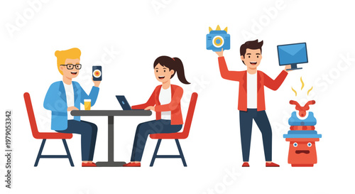 A colorful cartoon illustration of people using devices